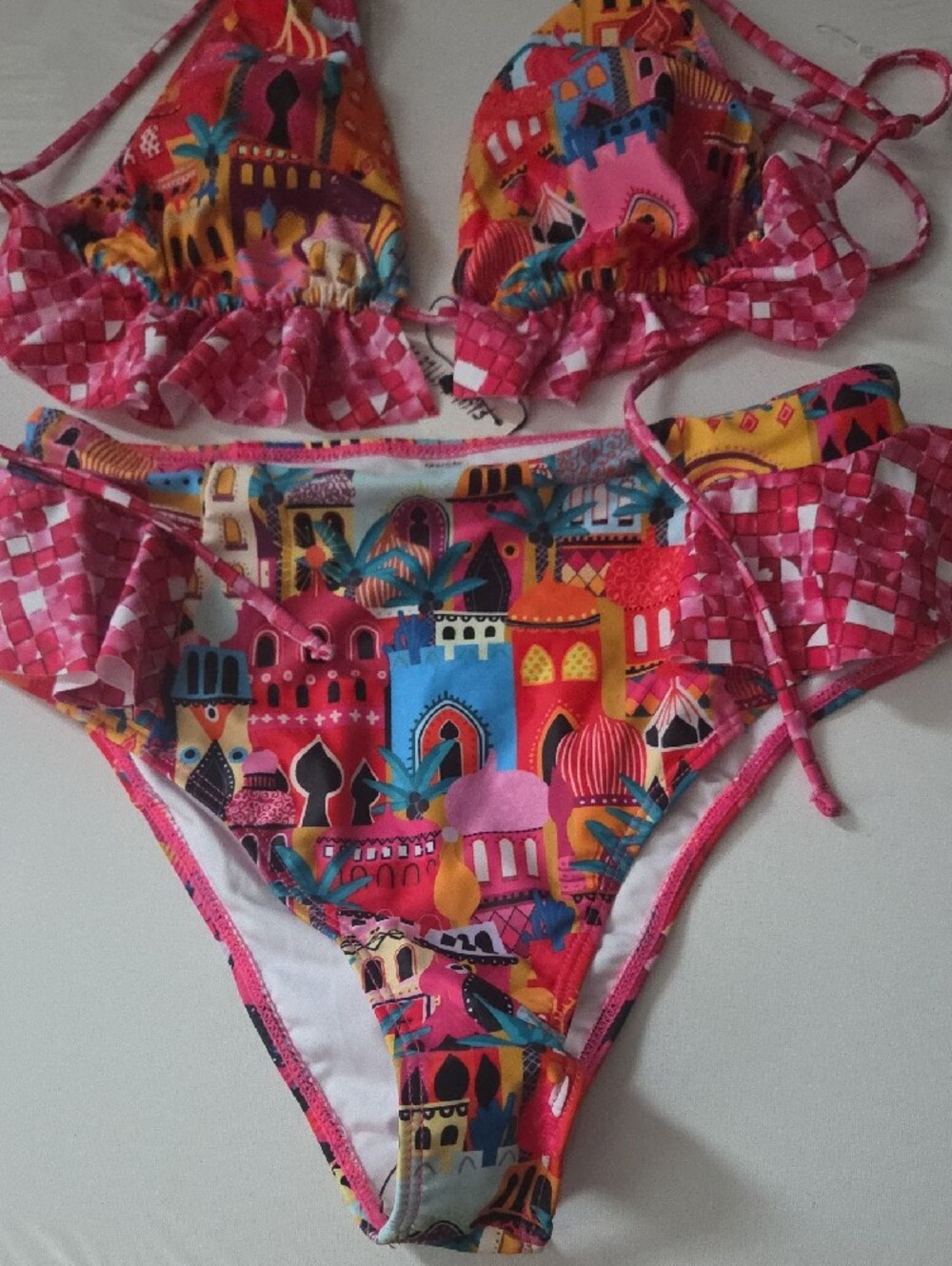Pink Multicolor Ruffle Bikini Set - Picture 4 of 8